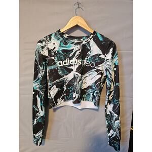 Adidas Neo Cropped Sweatshirt Women’s Small Black Teal Marble Print Long Sleeve